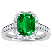 Vintage Emerald Halo Ring with Round and Baguette Diamonds